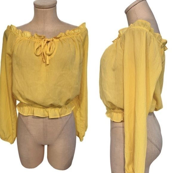 Guess Long Sleeve Delicate Smock Waist Off the Shoulder Yellow Top - Picture 1 of 12